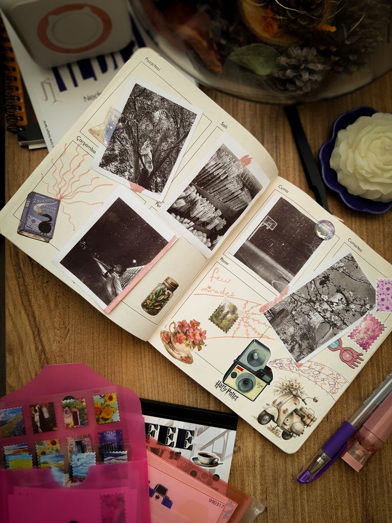 An artistic scrapbook layout with vintage photos and decorative elements, perfect for inspiration.